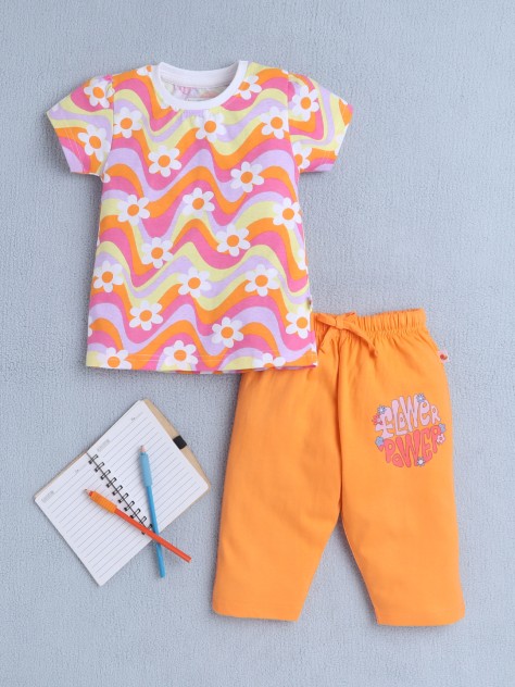 BUMZEE Multi & Orange Girls Half Sleeves T-Shirt & Pyjama Set