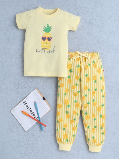 BUMZEE Yellow Girls Half Sleeves T-Shirt & Pyjama Set