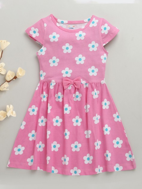 BUMZEE Pink Girls Cap Sleeves Cotton Knee Length Frock