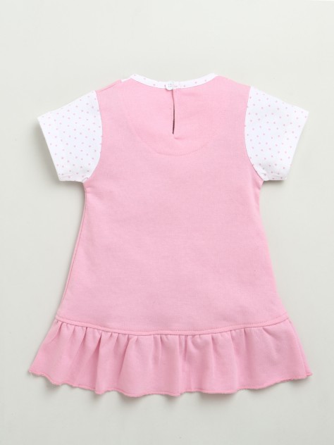 BUMZEE Pink & White Girls Half Sleeves Cotton Knee Length Frock