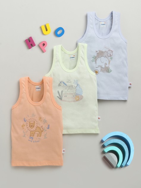 BUMZEE Boys Sleeveless Vest Orange & Lime Green Pack of 3