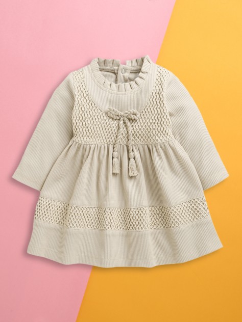 BUMZEE Beige Girls Full Sleeves Cotton Frock Dress