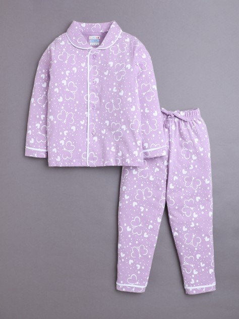 BUMZEE Lavender Girls Full Sleeves Cotton Night Suit