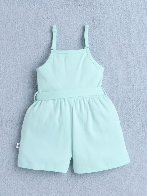 BUMZEE Mint Green Girls Sleeveless Cotton Jumpsuit With Belt