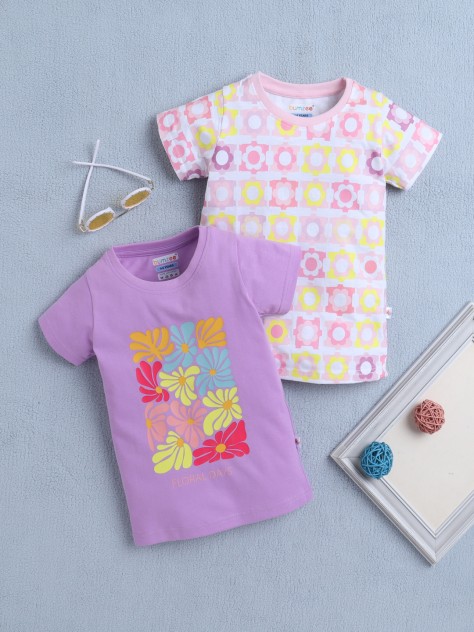 BUMZEE Lavender & Multi Girls Half Sleeves T-Shirt Pack Of 2