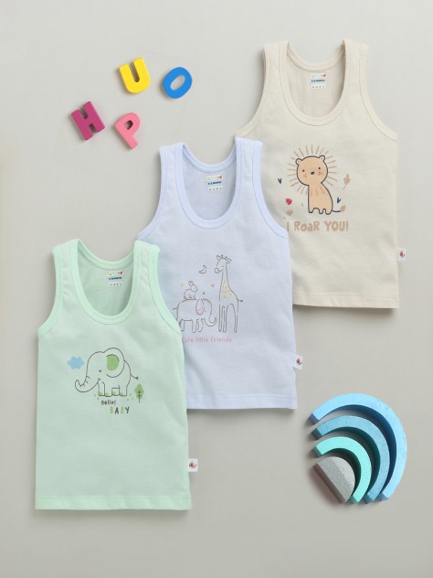 BUMZEE Boys Sleeveless Vest Beige & Green Pack of 3