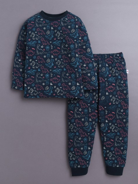 BUMZEE Navy Boys Full Sleeves Cotton T-Shirt & Pyjama Set