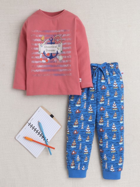 BUMZEE Brick Red & Blue Boys Full Sleeves T-Shirt & Pyjama Set