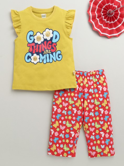 BUMZEE Pink & Yellow Girls Half Sleeves T-Shirt & Capri Set