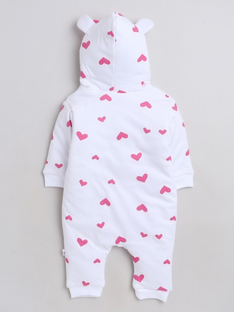 Bumzee White & Pink Girls Full Sleeves Trendy Padded Sleepsuit With Hood