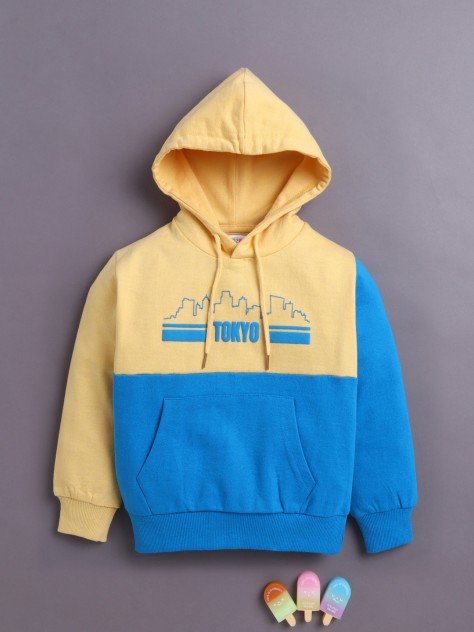 BUMZEE Yellow Boys Full Sleeves Cotton Hooded Sweatshirt