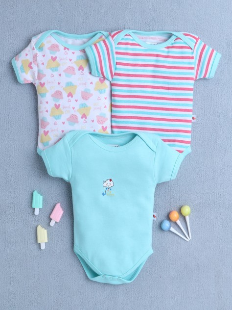 BUMZEE Mint Green & White Baby Girls Half Sleeves Cotton Bodysuit / Onesies Pack Of 3