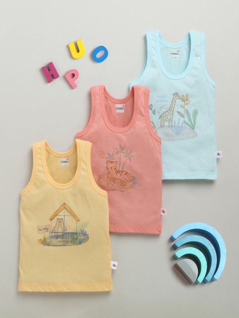 BUMZEE Boys Sleeveless Vest Yellow & Coral Pack of 3