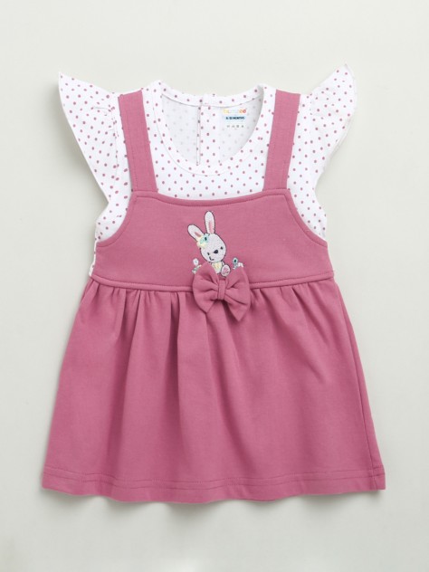 BUMZEE Mauve & White Girls Ruffled Sleeves Cotton Knee Length Frock