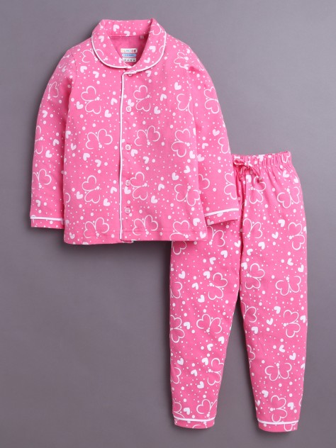 BUMZEE Pink Girls Full Sleeves Cotton Night Suit
