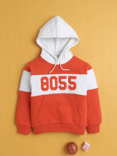BUMZEE Orange Boys Full Sleeves Cotton Hooded Sweatshirt