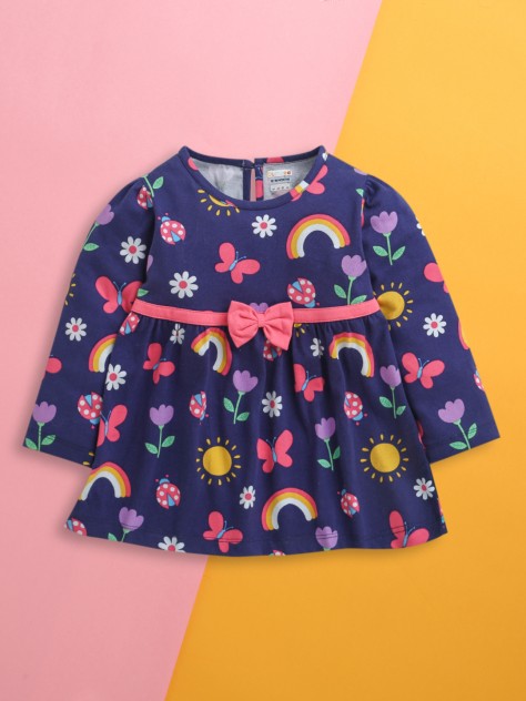 BUMZEE Navy Girls Full Sleeves Cotton Knee Length Frock
