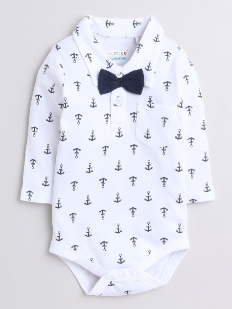 BUMZEE Navy & White Boys Full Sleeves Cotton Bodysuit Pant Set With Suspender & Cap