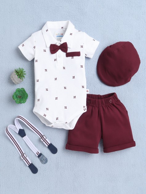 BUMZEE White & Maroon Boys Half Sleeves Bodysuit & Short Set With Bow Suspender & Cap