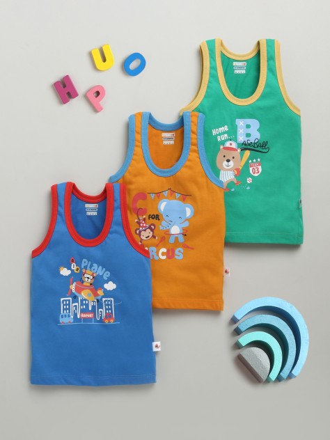 BUMZEE Boys Sleeveless Vest Orange & Green Pack of 3