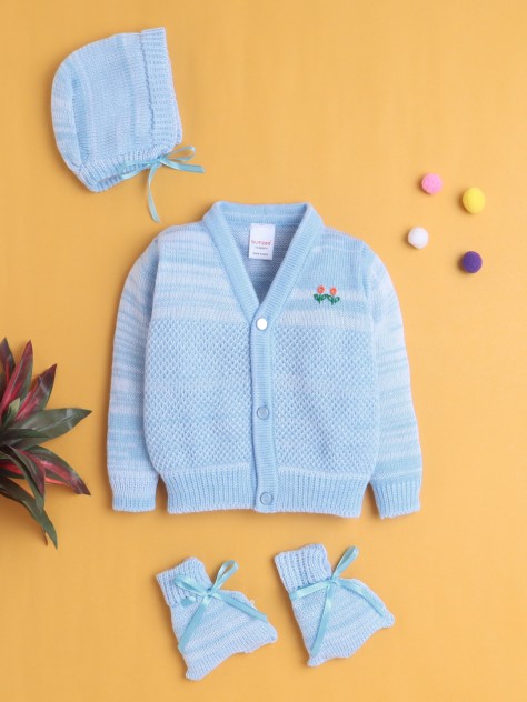 BUMZEE Sky Blue Baby Boys Full Sleeves Acrylic Blend Sweater With Cap & Socks
