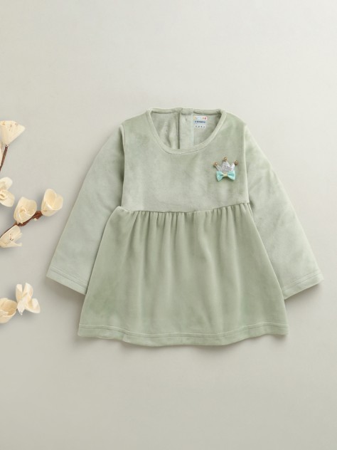 BUMZEE Green Girls Full Sleeves Poly Blend Frock Dress
