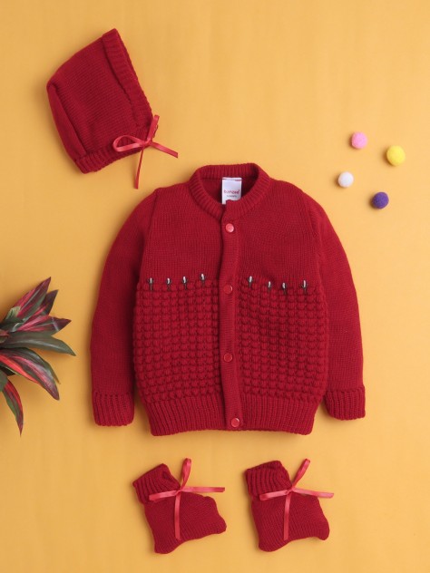 BUMZEE Maroon Baby Boys Full Sleeves Acrylic Blend Sweater With Cap & Socks