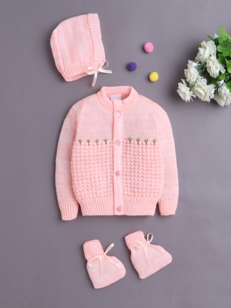 BUMZEE Orange Baby Boys Full Sleeves Acrylic Blend Sweater With Cap & Socks