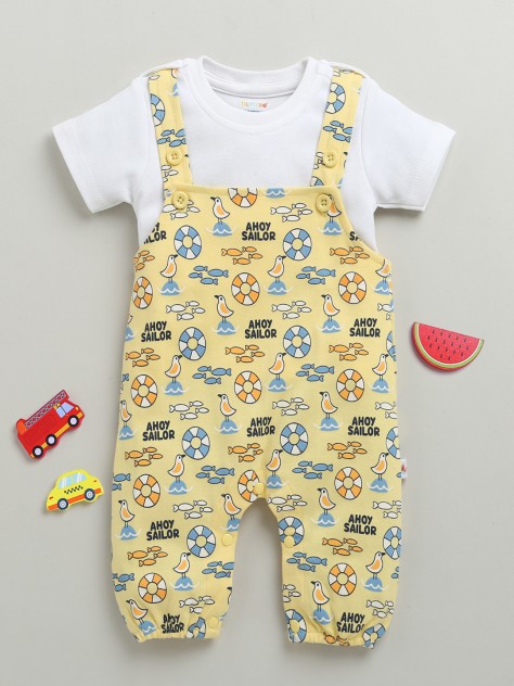 BUMZEE Yellow & White Baby Boys Half Sleeves Dungaree Set