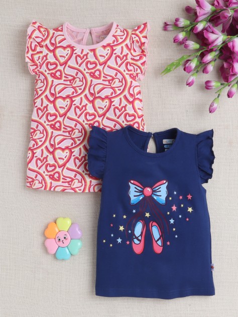 BUMZEE Navy & Pink Girls Sleeveless T-Shirt Pack Of 2