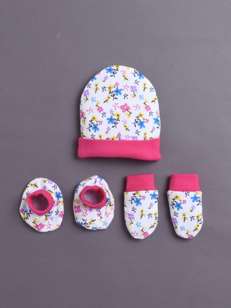 BUMZEE White & Pink Girls Cotton Cap Mitten Bootie Set