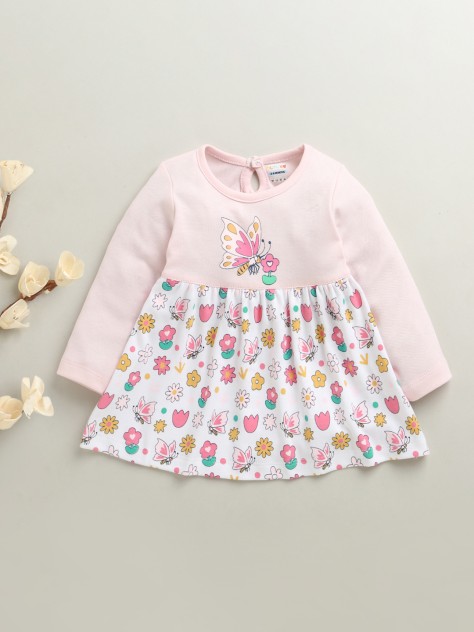 BUMZEE Pink & White Girls Full Sleeves Cotton Knee Length Frock