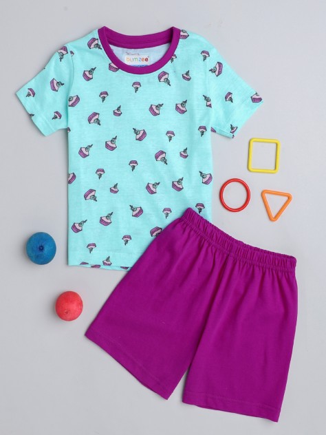 BUMZEE Sky Blue & Purple Girls Half Sleeves T-Shirt & Short Set