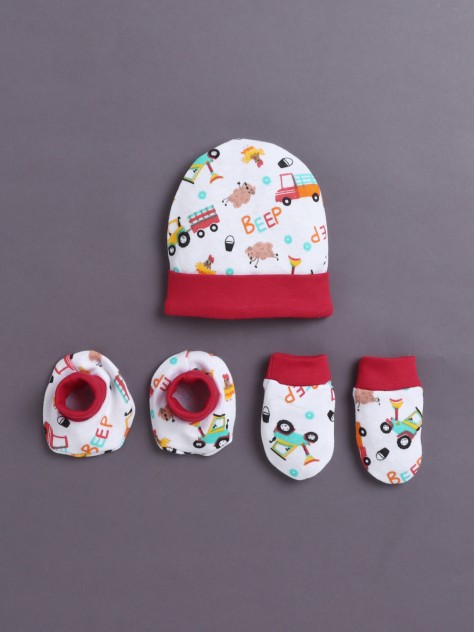BUMZEE White & Red Boys Cotton Cap Mitten Bootie Set