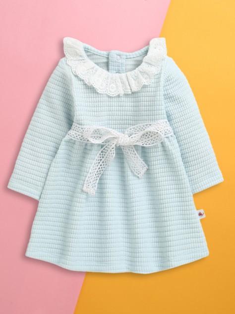 BUMZEE Sky Blue Girls Full Sleeves Cotton Frock Dress