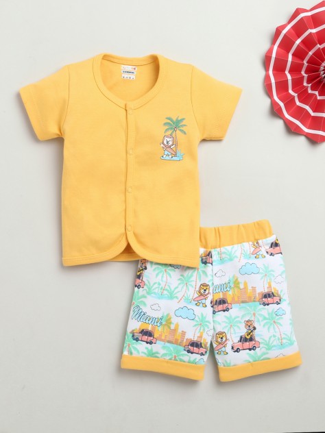 BUMZEE Yellow & White Baby Boys Half Sleeves Jabla & Short Set