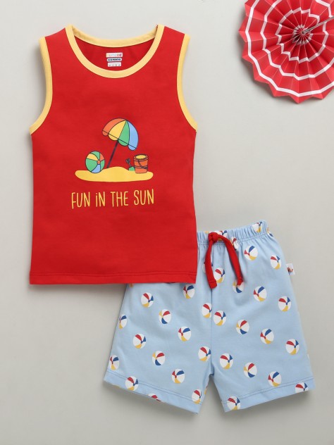BUMZEE Red & Sky Blue Boys Sleeveless T-Shirt & Short Set