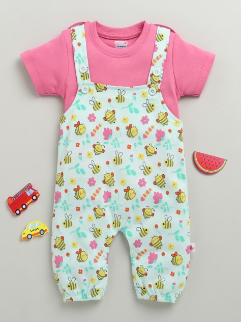BUMZEE Mint Green & Pink Baby Girls Half Sleeves Dungaree Set