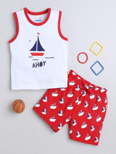 BUMZEE Red & White Boys Sleeveless T-Shirt & Short Set