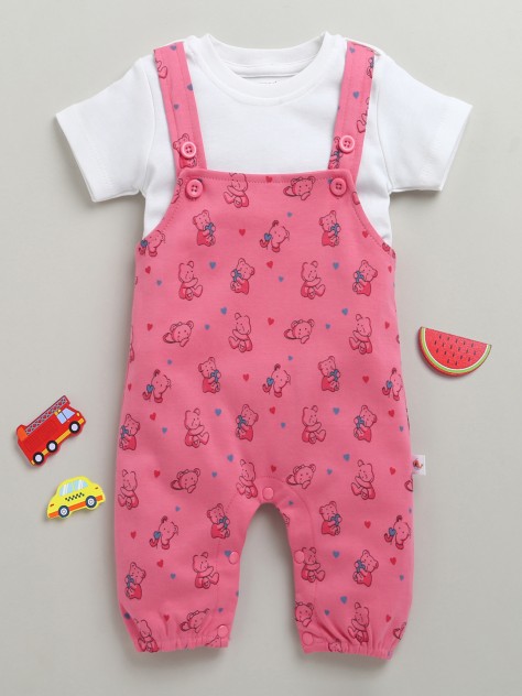 BUMZEE Pink & White Baby Girls Half Sleeves Dungaree Set