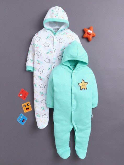 BUMZEE Mint Green & White Baby Girls Full Sleeves Hooded Sleepsuit Pack Of 2