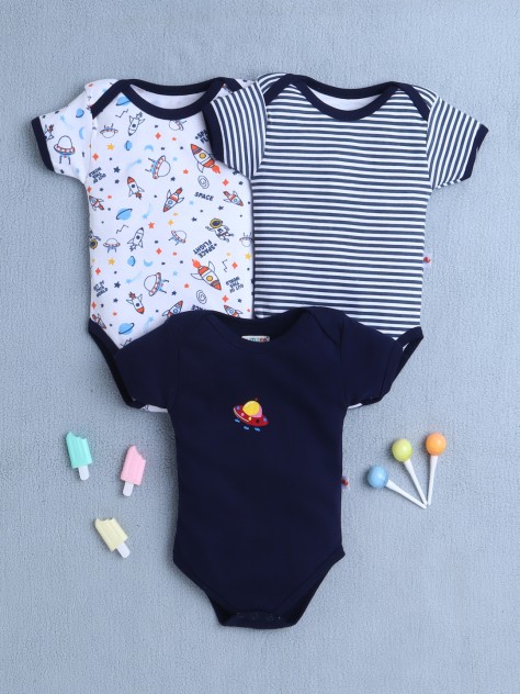 BUMZEE Navy & White Baby Boys Half Sleeves Cotton Bodysuit / Onesies Pack Of 3