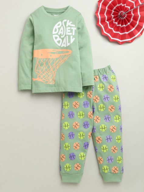 BUMZEE Green Boys Full Sleeves Cotton T-Shirt & Pyjama Set