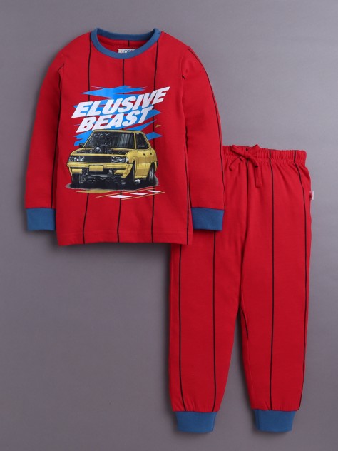 BUMZEE Red Boys Full Sleeves Cotton T-Shirt & Pyjama Set