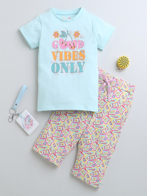BUMZEE Sky Blue & Multi Girls Cap Sleeves T-Shirt & Capri Set
