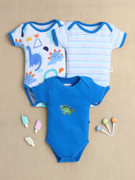 BUMZEE Blue & White Baby Boys Half Sleeves Cotton Bodysuit / Onesies Pack Of 3