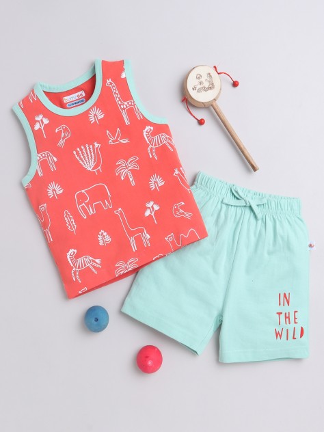 BUMZEE Coral & Mint Green Boys Sleeveless T-Shirt & Short Set