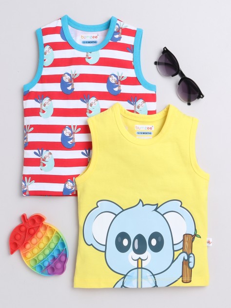 BUMZEE Red & Yellow Boys Sleeveless T-Shirts Pack Of 2