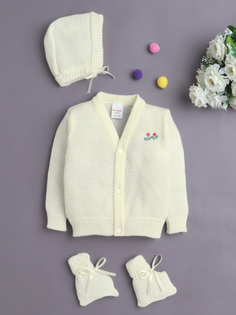 BUMZEE Yellow Baby Girls Full Sleeves Acrylic Blend Sweater With Cap & Socks