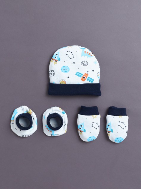 BUMZEE White & Navy Boys Cotton Cap Mitten Bootie Set